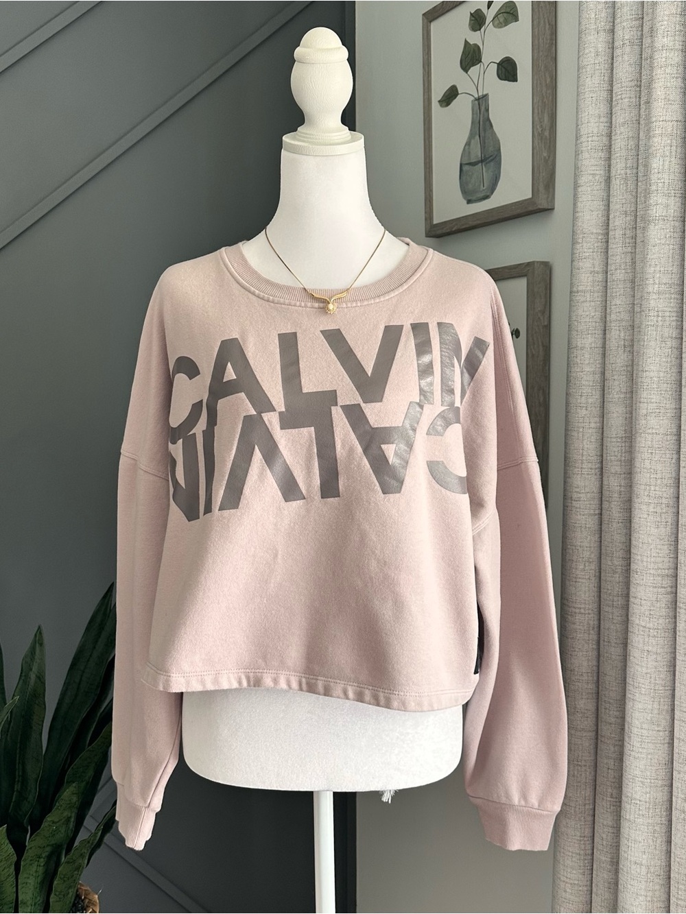 Calvin Klein Dusty Pink Metallic Logo Cropped Sweatshirt